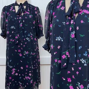 DKNY Navy Blue Floral Chiffon Bow Neckline Knee Length Shift Dress Women's 10